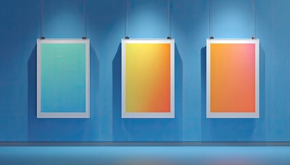 Three rectangular, gradient-filled art prints hang under spotlights on a blue, textured wall