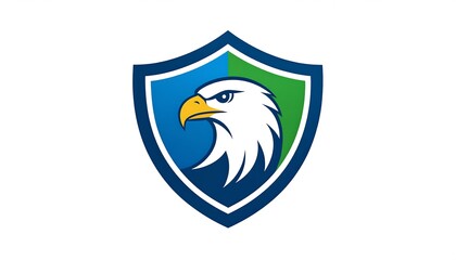 Obraz premium A stylized eagle head profile inside a shield, combining blue, green, and white elements against a white backdrop