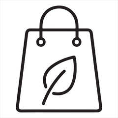 Simple black outline icon of a shopping bag with a leaf symbol representing eco friendly shopping and sustainability