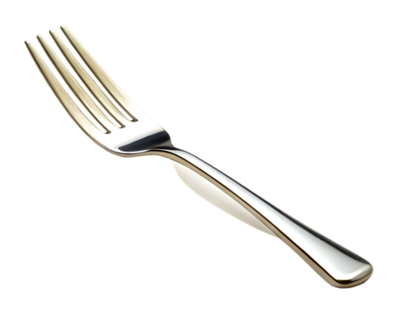 Single silver fork with four tines isolated on white background