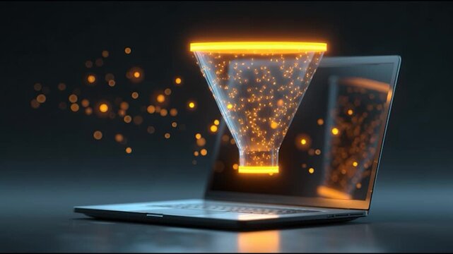 A futuristic representation of data visualization emerging from a laptop, showcasing a glowing funnel with particles.