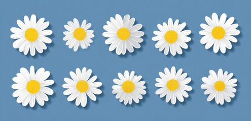 Fototapeta premium Eleven stylized daisies arranged on a blue background, a top-down view. Each bloom has a yellow center