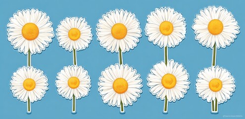 A blue-background artwork with stylized white daisies in rows, each having yellow centers and green stems