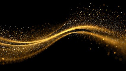 Abstract golden sparkling wave against black. Glowing, elegant, and decorative for background