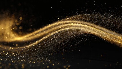 Swirling golden glitter stream on dark background. Bokeh effect creates depth and shimmer