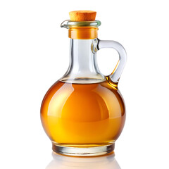 Glass bottle with handle filled with amber liquid isolated on white background