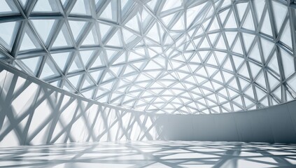 Interior view of a modern building with a geometric glass roof casting light onto the floor