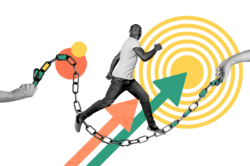 Composite trend artwork sketch image photo collage of graphics business trader arrow target hand wrist wear chain motivation young guy run