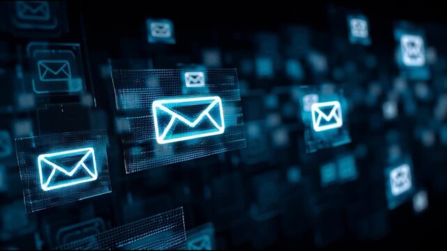 A digital representation of email icons glowing in blue, showcasing a modern, technological theme focused on communication.