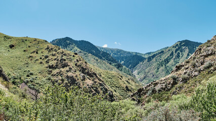 Panoramic summer view of the deep Turgen Gorge in the Zailiysky Alatau mountains, Kazakhstan.