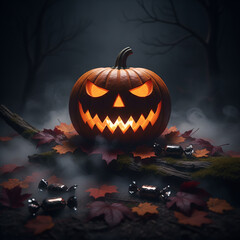 Zucca decorativa nera di Halloween con volto minaccioso illuminato bel bosco.