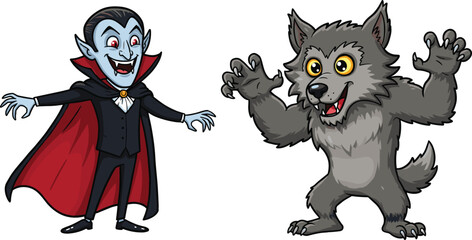 Cartoon illustration of classic vampire with cape and smiling fangs beside menacing werewolf with claws and sharp teeth, playful spooky Halloween fantasy design