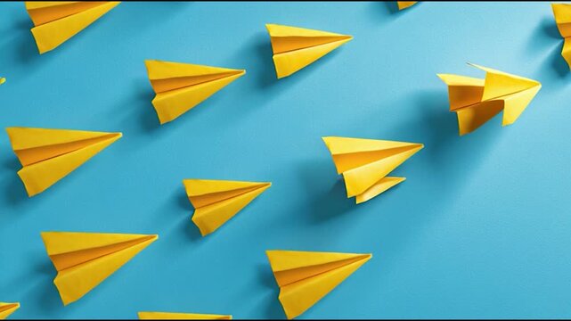 Seven yellow paper airplanes scattered on a light blue background, creating a playful and creative visual.