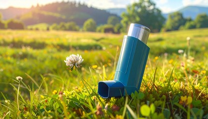 Render a teal asthma inhaler placed among blooming daisies in a sunlit meadow with green grass and warm light, isolated to emphasize respiratory wellness, nature’s healing, and breath symbolism.
