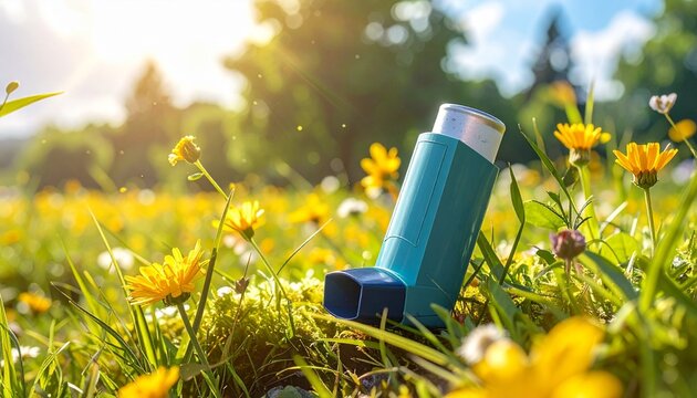 Render a teal asthma inhaler placed among blooming daisies in a sunlit meadow with green grass and warm light, isolated to emphasize respiratory wellness, nature&rsquo;s healing, and breath symbolism.