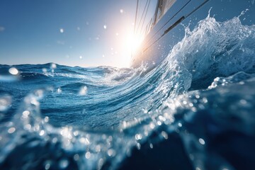 Sailing through dynamic ocean waves under a bright sunlit sky.