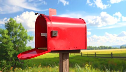 Render a bright red mailbox with open door revealing mail, mounted on a wooden post in a rural field with raised flag and black lock, isolated to emphasize tradition, communication, and countryside ch
