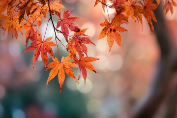 Close-up of vibrant, fiery-red maple leaves against a soft, blurred background of autumn light