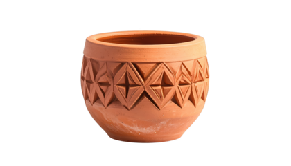 Artisan carved terracotta pot with geometric floral design