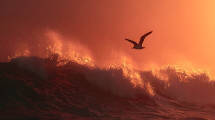 dramatic curling wave catching sunset light under soft orange pink sky over tranquil ocean scene for creative use silhouette of a man jumping