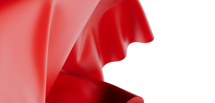 Elegant red fabric waves in motion against white background. Artistic, abstract texture for design. Perfect for backgrounds, textiles, and creat