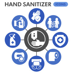 Hand sanitizer symbols collection or sketches, hygiene theme bubble with glyph style signs for web and app. Vector graphics isolated on white background.