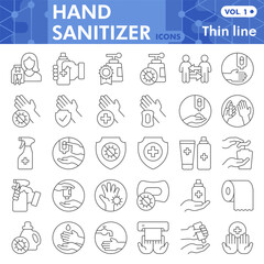 Hand sanitizer symbols collection or sketches, hygiene theme with thin line style signs for web and app. Vector graphics isolated on white background.