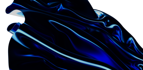 Abstract image of dark blue silk flowing in waves with bright blue light reflections on white background. Great for design needs and backgrounds