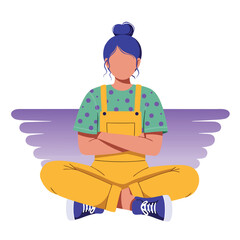 Flat Vector Woman Sitting Cross-Legged Arms Crossed Defiant