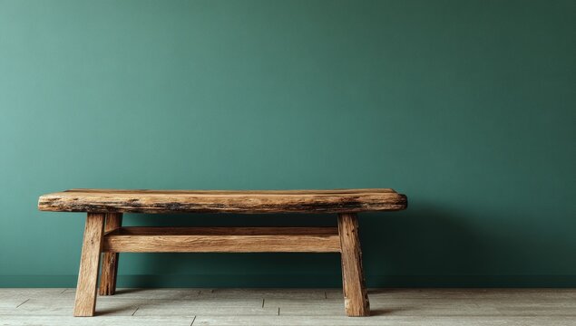 A weathered wooden bench against a muted teal wall and light wood flooring