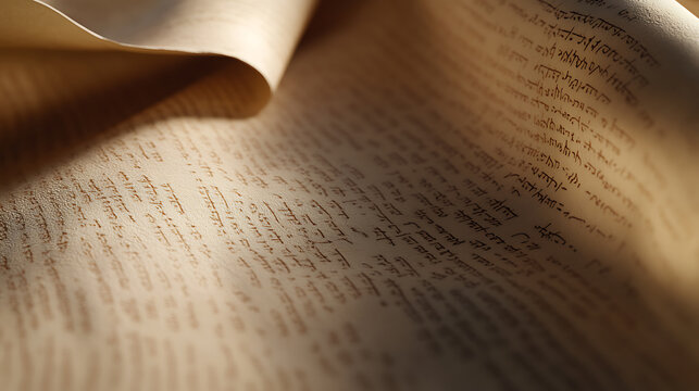 Ancient scroll with handwritten script, illuminated by soft light. Intricate details and warm tones create a sense of history and mystery.