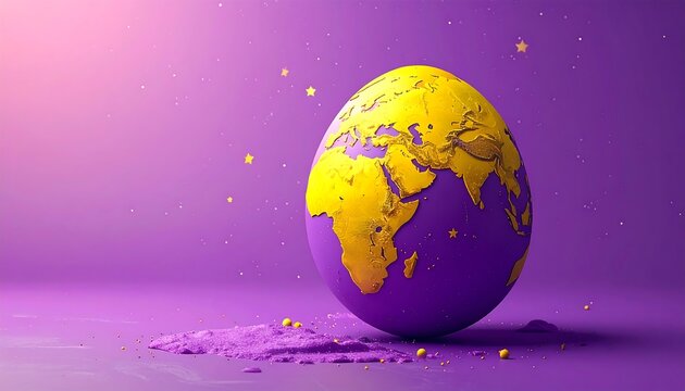 A stylized Easter egg, shaped like the planet Earth, rendered in bright colors, sits on a reflective surface. Scattered stars add a dreamy feel