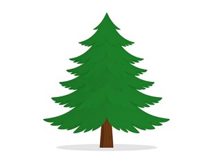 A stylized evergreen tree in a flat illustration style. It has a brown trunk and layers of dark green branches. There is a soft shadow under the tree