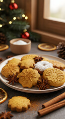 Fototapeta premium Christmas cookies on plate with festive decorations
