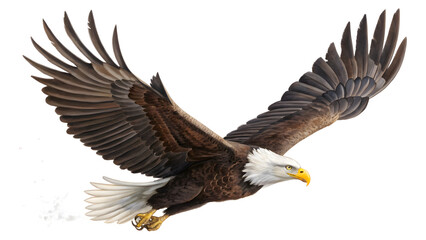 Fototapeta premium Majestic Bald Eagle in Flight on White Background – Realistic Wildlife Bird Illustration for Patriotic, Nature, and Educational Designs 