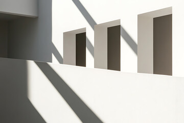 Architectural minimalism: crisp light and shadow play on a white wall with three openings, creating a striking geometric design.