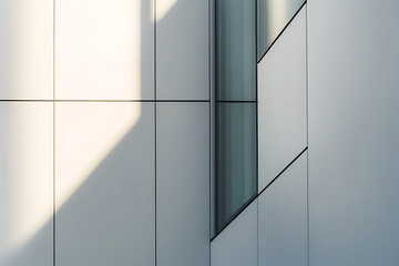 Abstract facade. Modern architectural design with sleek lines, reflective surfaces, and geometric shapes. A study in light and shadow.