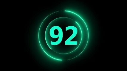 Teal neon number 92 inside glowing circular frame on black background numeral digit