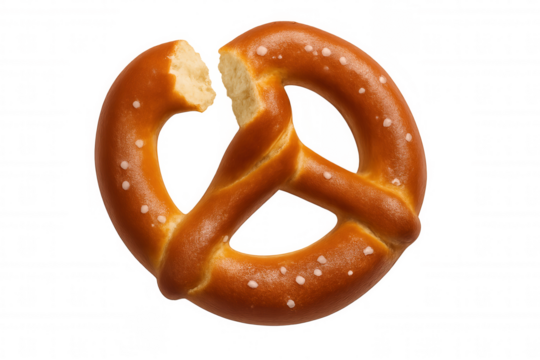 Baked pretzel snack, salt crystals on broken lye dough, top view, traditional bavarian food on transparent background