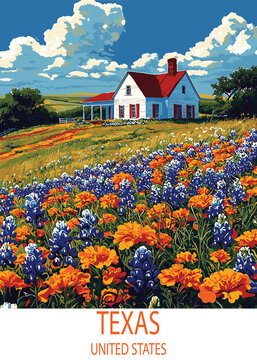 Vibrant Texas countryside scenery featuring a charming farmhouse nestled among blooming bluebonnets and wildflowers under a clear blue sky with fluffy clouds