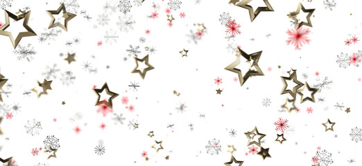 Festive holiday background with falling golden stars and snowflakes on white. Perfect for Christmas or New Year's designs. Decorative and celebr