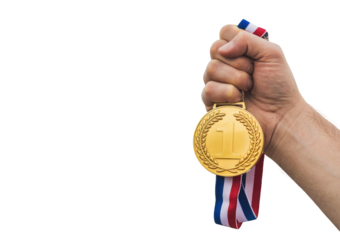 
Hand holding a first place gold medal with a tricolor ribbon isolated on transparent white background 
