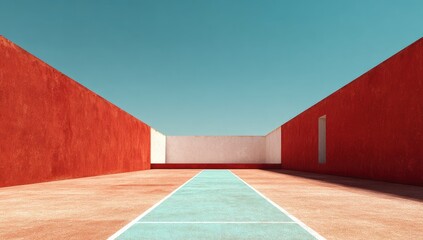 A vibrant architectural perspective, featuring a textured red and white wall and turquoise sky