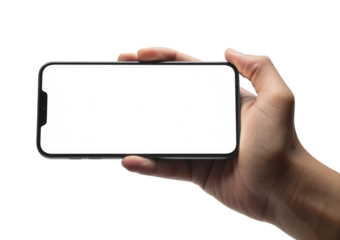 hand holding a smartphone in landscape mode with a blank screen for mockup isolated on transparent white background 