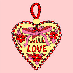 Valentine Day card with heart and pincushion. Flat vector, hand drawn. Romantic holiday. Celebrate with love. Wedding anniversary. Doodle illustration.