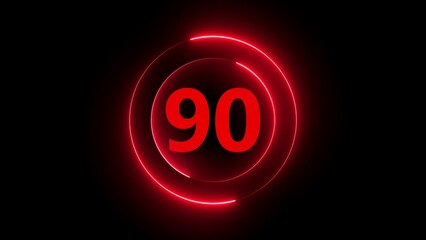 Vibrant Red Neon Number 90 Inside Circular Neon Rings on Black glowing