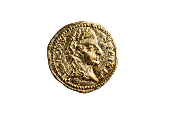 Gold Roman quinarius coin replica of the Roman emperor Tiberius AD14-AD37  png file cut out and isolated on a transparent background, ancient coinage collecting stock photo