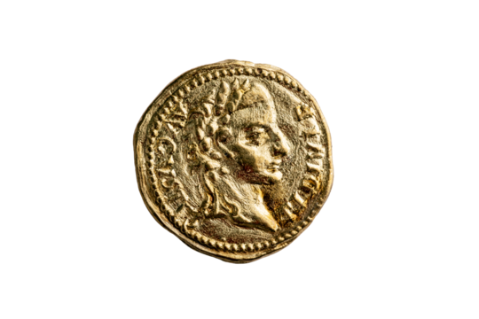 Gold Roman quinarius coin replica of the Roman emperor Tiberius AD14-AD37  png file cut out and isolated on a transparent background, ancient coinage collecting stock photo