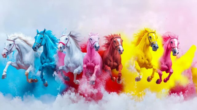 Breathtaking display of seven vibrantly colored steeds galloping through explosion of colorful powder against bright, ethereal sky