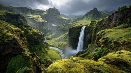 Obraz premium Majestic waterfall in lush mountains